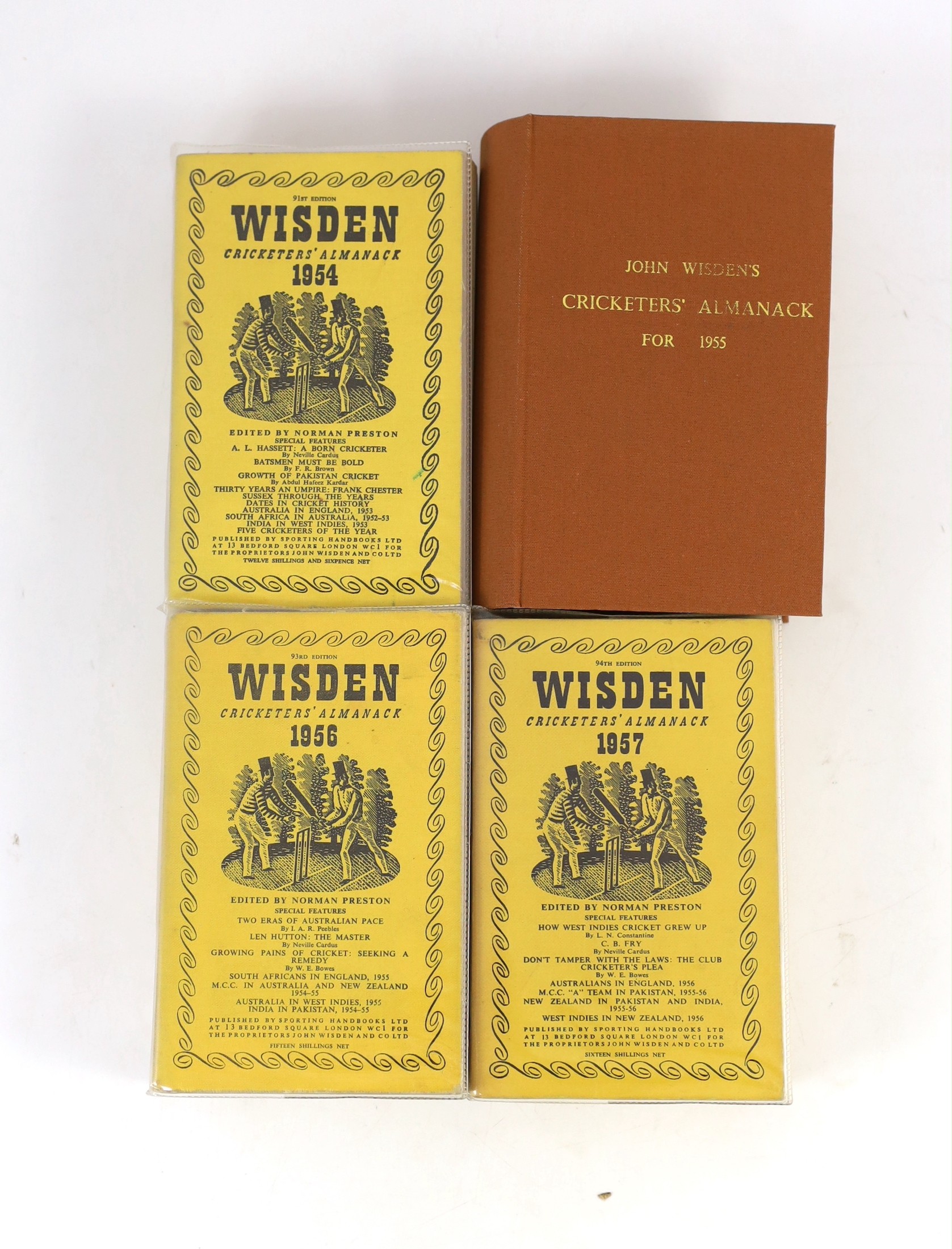 Wisden, John - Cricketers Almanack for the years 1946 (83rd edition) - 1959 (96th edition), original hardbacks for, 1946-49, 1950 and 1952, with original limp cloth wrappers for, 1949, 1953-54, 1956-59, rebound issues fo